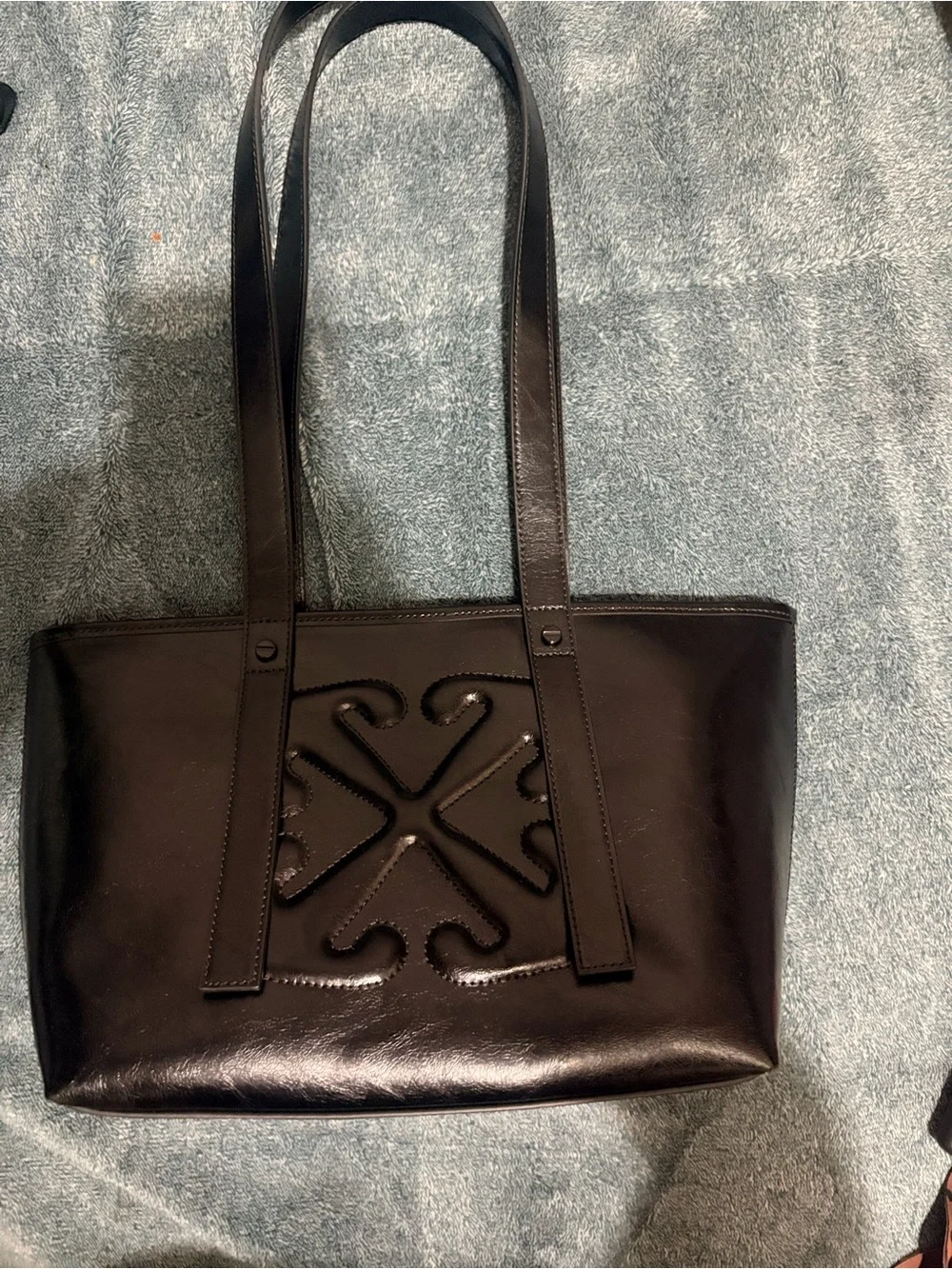 Black Leather Tote Bag with Raised Cross Motif